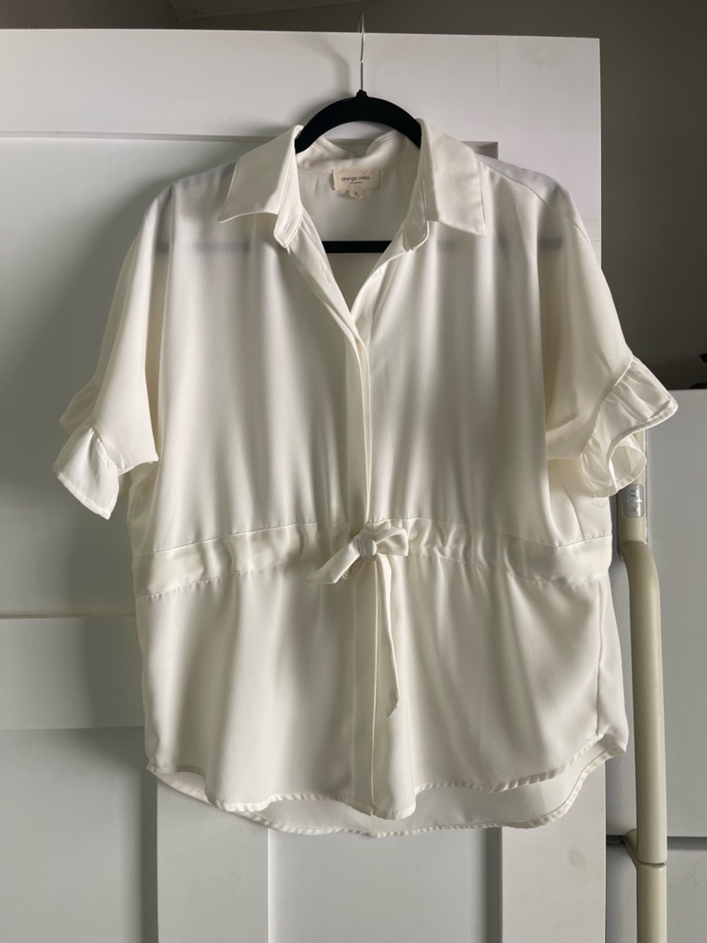 Lightweight White Button-Front Tie-Waist Blouse